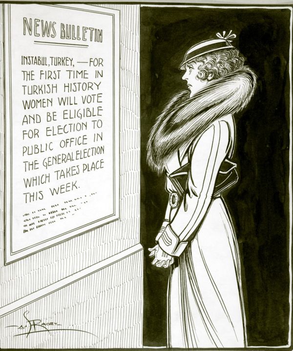 Political cartoon commenting on womens voting rights in Quebec