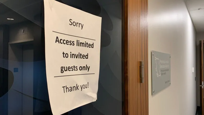 a sign on the 14th floor of phsa s vancouver headquarters restricts access during renovations