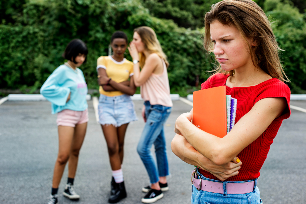 caucasian woman being bullying from other girls