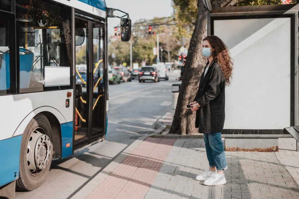 side view woman waiting bus copy