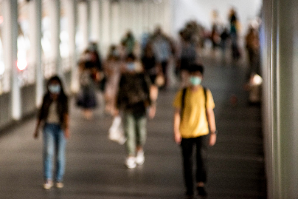 crowd people wearing mask walking new normal