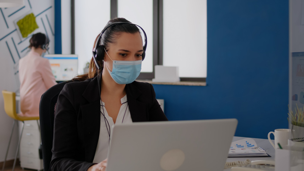 microphone working business project businesswoman sitting new normal offic