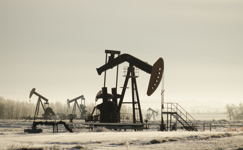 field with oil pump jacks surrounded by greenery sunlight