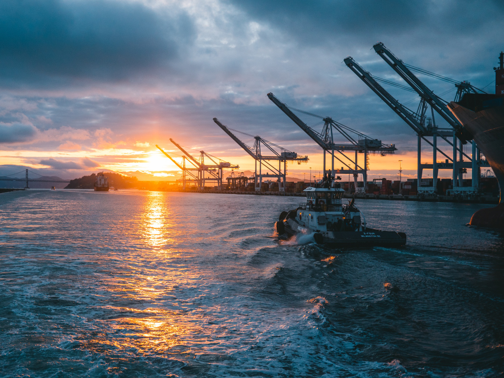 panoramic shot oil rigs sea with beautiful sunset