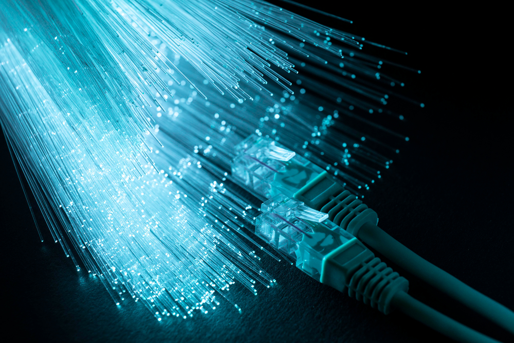 blue optic fiber with ethernet cables