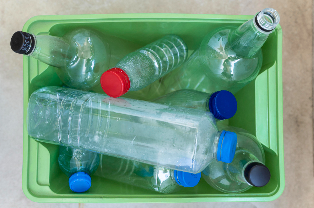 top view plastic bottles arrangement