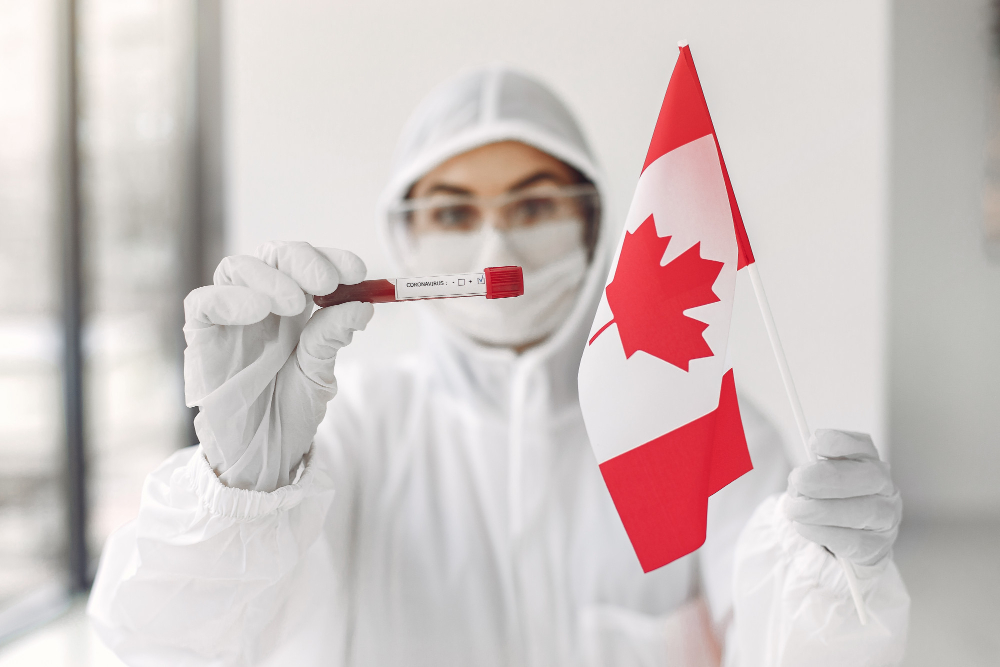 scientist coverall suit with coronavirus sample canadian flag