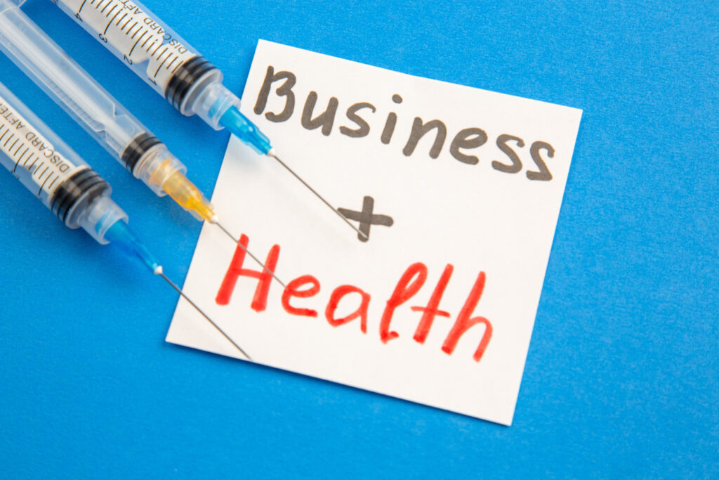 front view business health with injections blue background